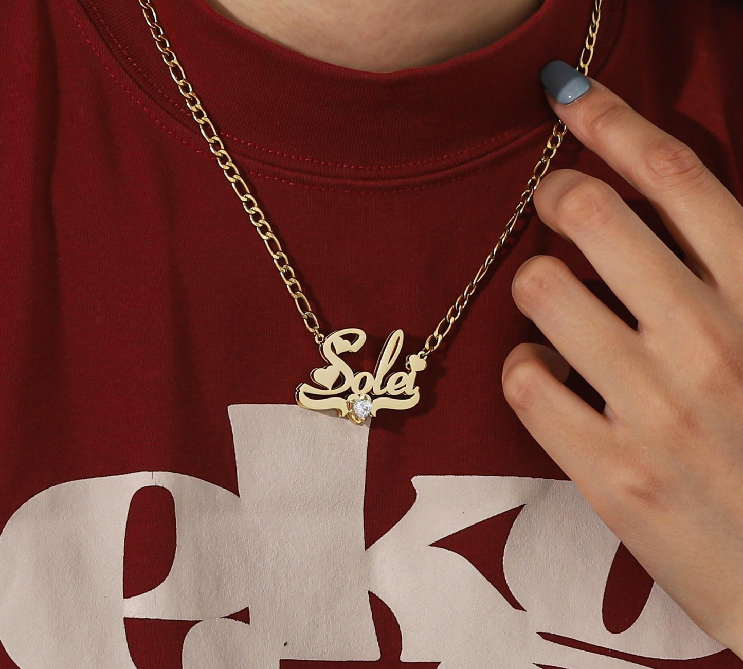 Personalized Birthstone Name Plate Necklace: Double Plated Figaro Chain
