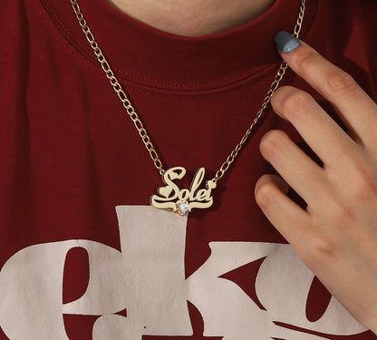 Personalized Birthstone Name Plate Necklace: Double Plated Figaro Chain