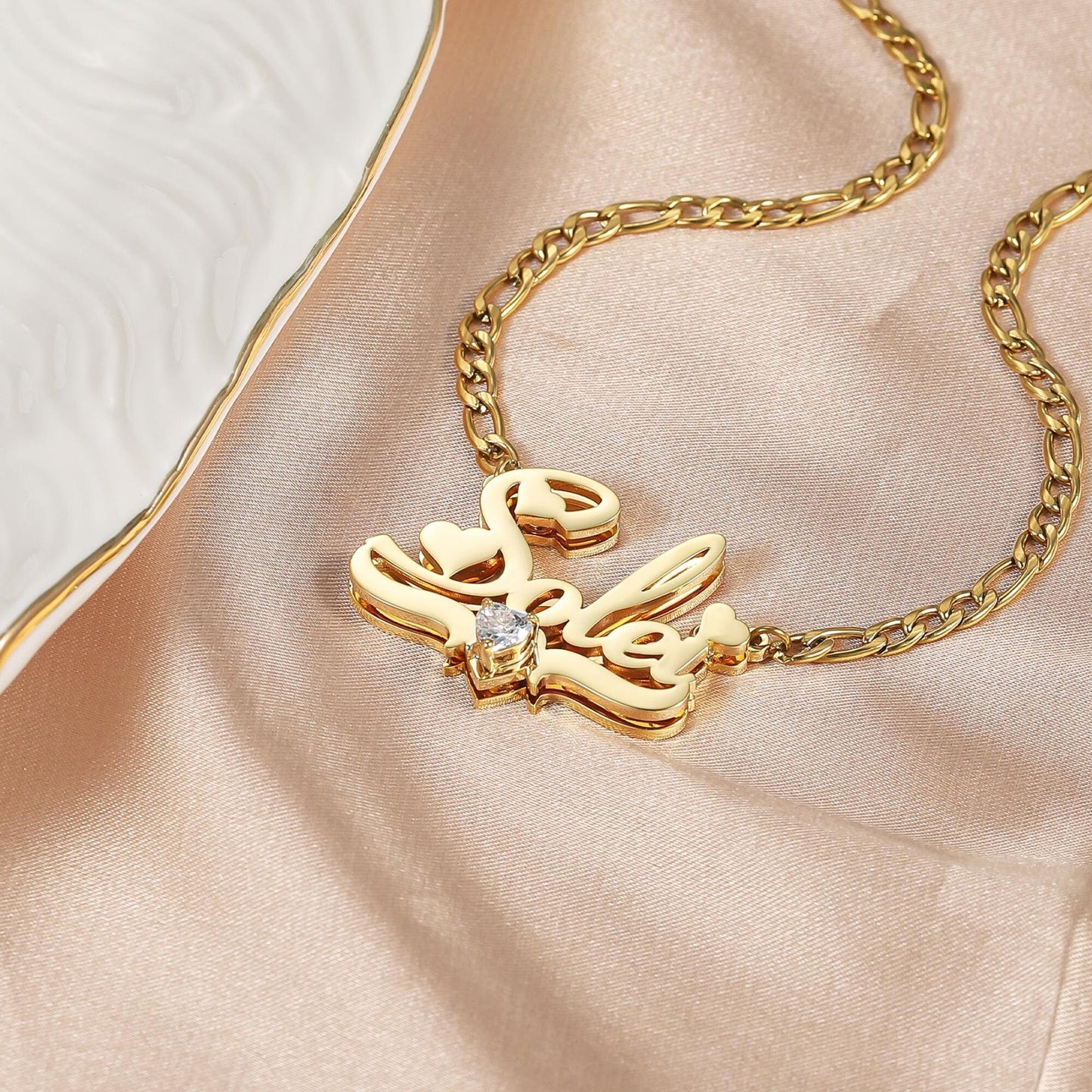 Personalized Birthstone Name Plate Necklace: Double Plated Figaro Chain