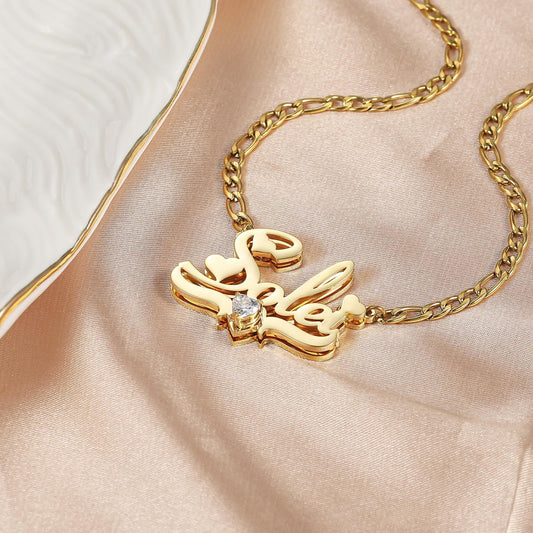 Personalized Birthstone Name Plate Necklace: Double Plated Figaro Chain