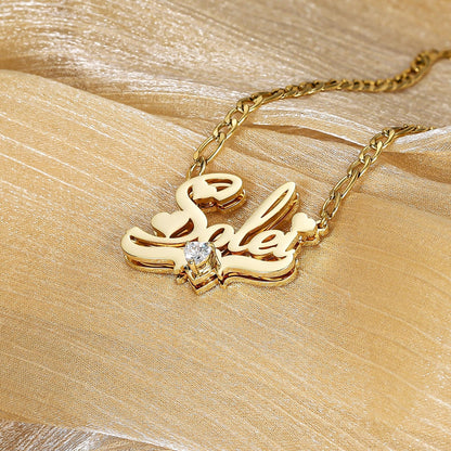 Personalized Birthstone Name Plate Necklace: Double Plated Figaro Chain