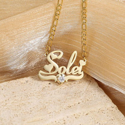 Personalized Birthstone Name Plate Necklace: Double Plated Figaro Chain