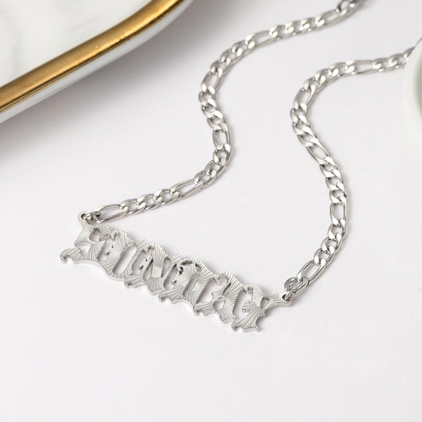 Old English Name Plate Necklace: Stainless Steel Personalized Curb Chain