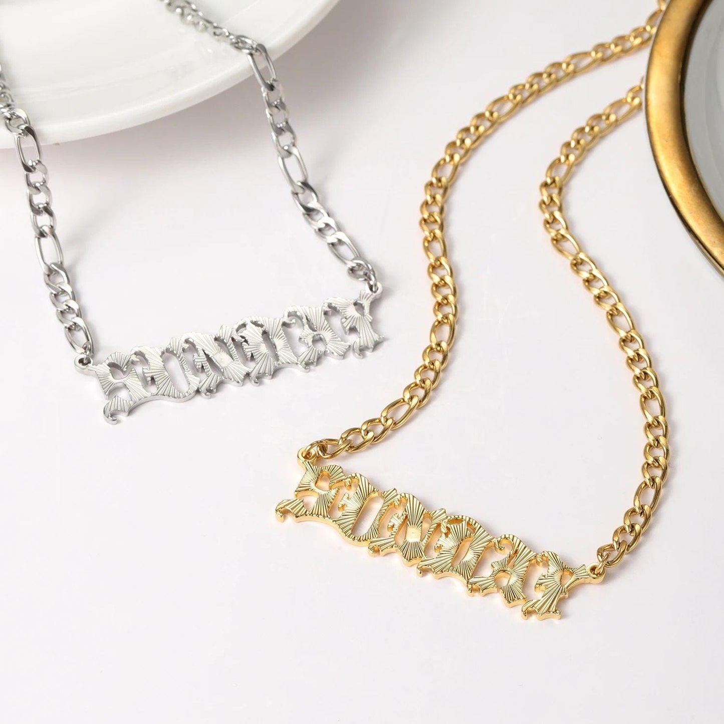 Old English Name Plate Necklace: Stainless Steel Personalized Curb Chain