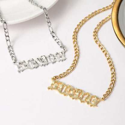 Old English Name Plate Necklace: Stainless Steel Personalized Curb Chain