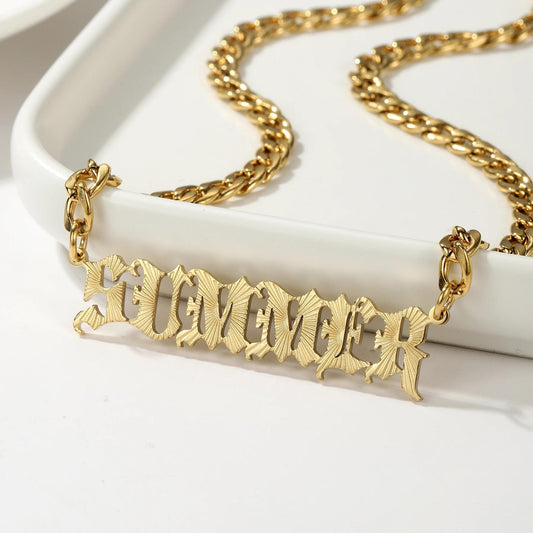 Old English Name Plate Necklace: Stainless Steel Personalized Curb Chain