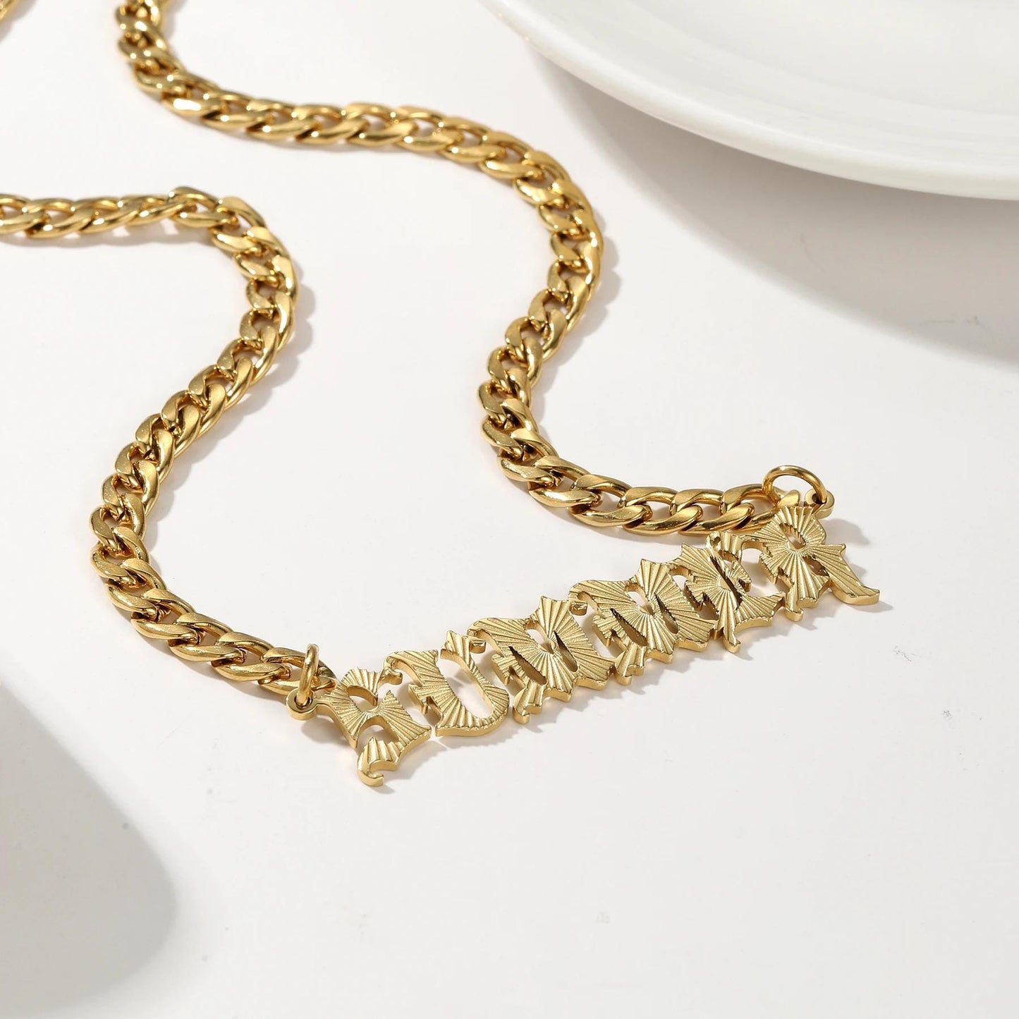 Old English Name Plate Necklace: Stainless Steel Personalized Curb Chain