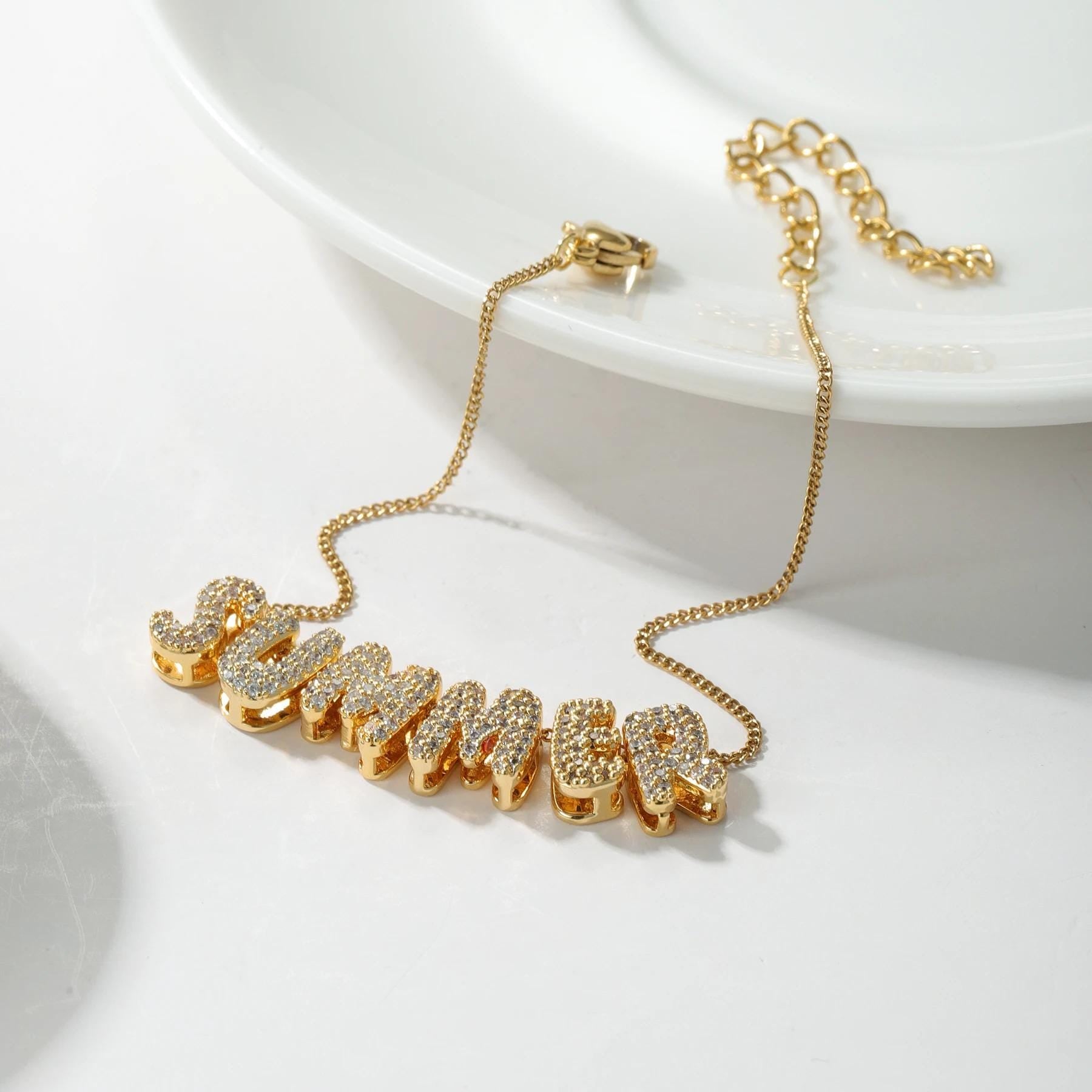Custom Bubble Letter Name Bracelet: Gold Plated Cubic Zirconia Charm