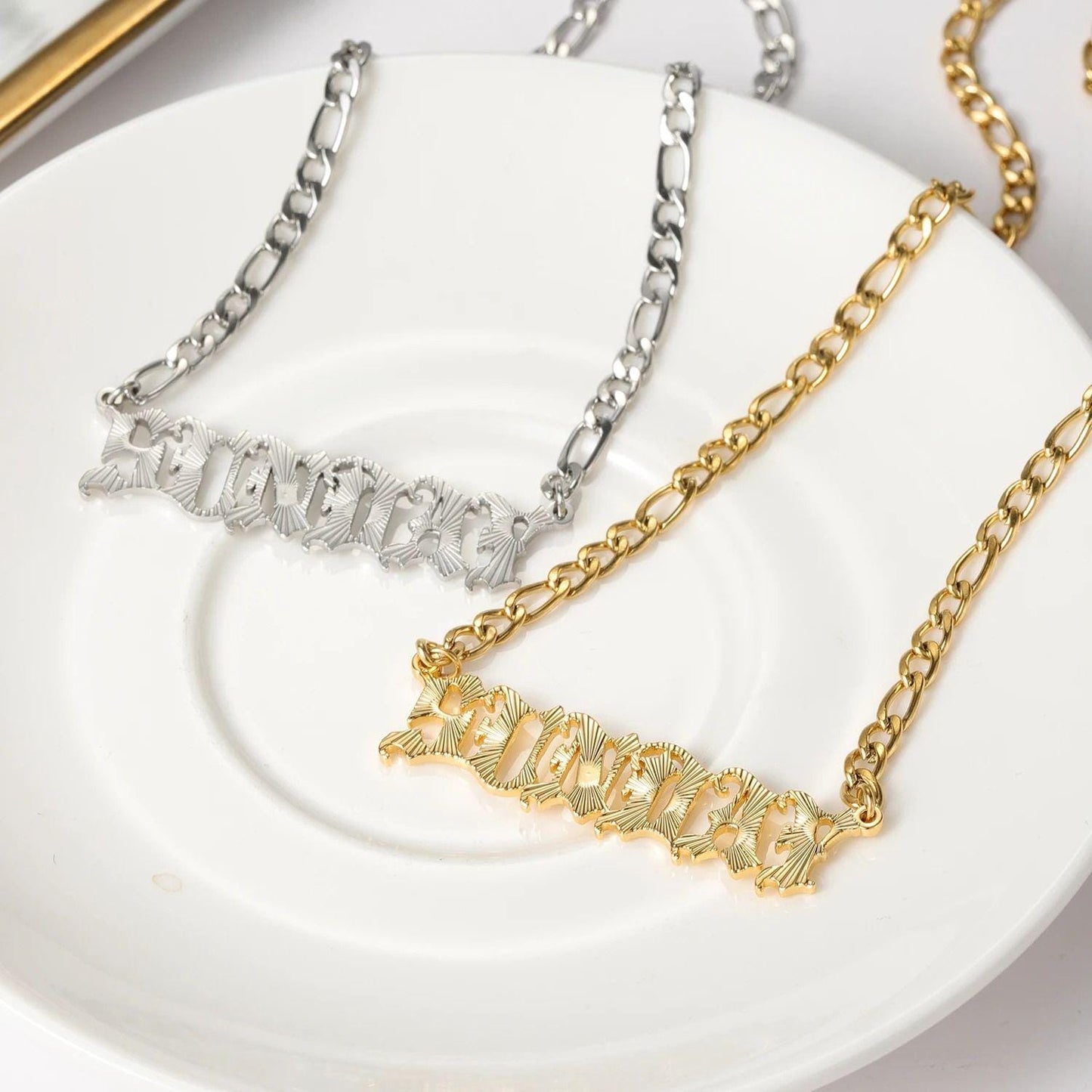 Old English Name Plate Necklace: Stainless Steel Personalized Curb Chain
