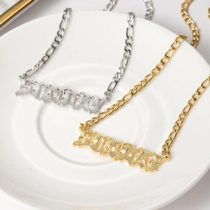 Old English Name Plate Necklace: Stainless Steel Personalized Curb Chain