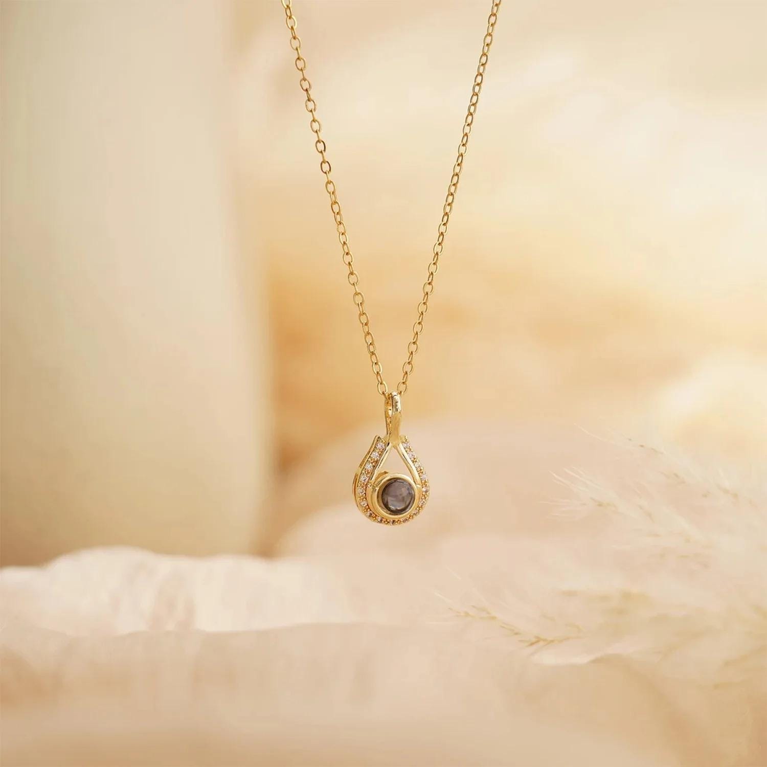 Teardrop Photo Projection Necklace: Stainless Steel Memorial Keepsake