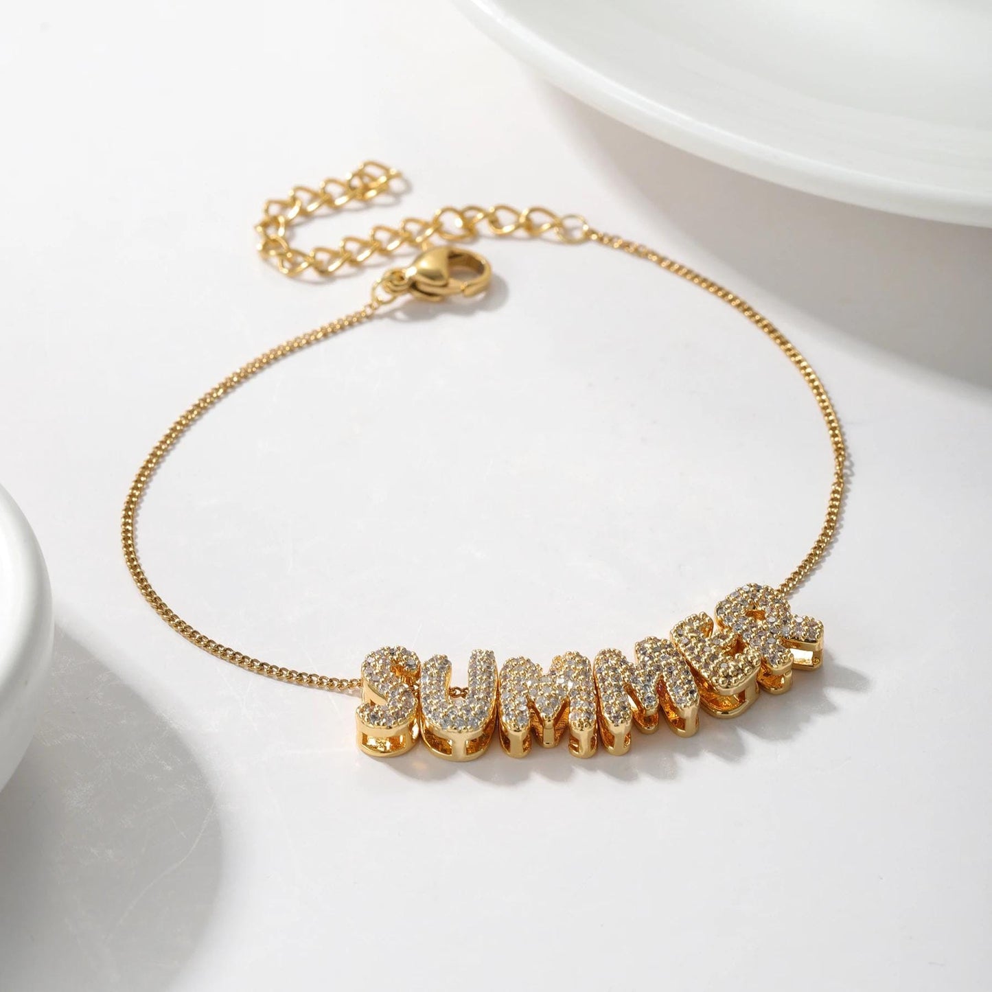 Custom Bubble Letter Bracelet: 18K Gold Plated Cubic Zirconia Name Charm