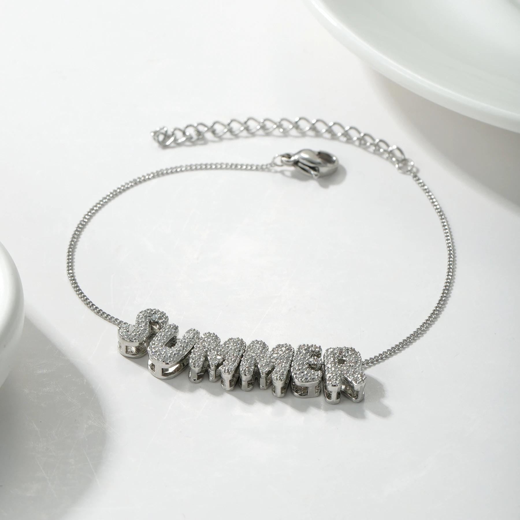 Custom Bubble Letter Name Bracelet: Gold Plated Cubic Zirconia Charm