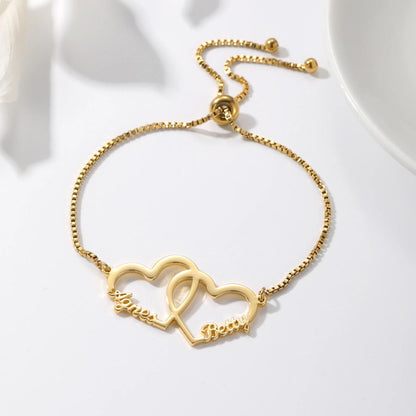 Custom Name Bracelet: Personalized Interlocking Hearts Adjustable Bracelet