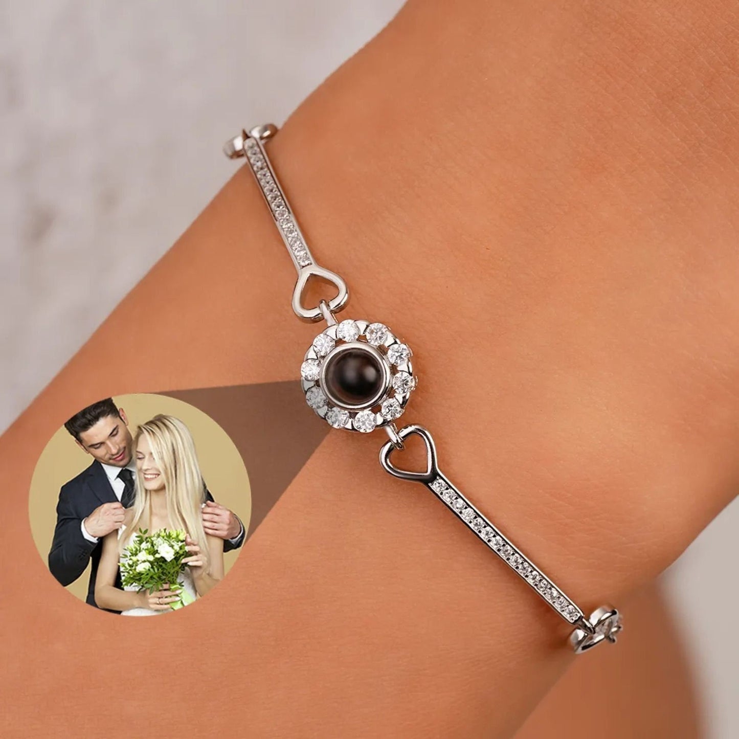 Custom Photo Projection Bracelet: 925 Sterling Silver, Sparkly Flower Design