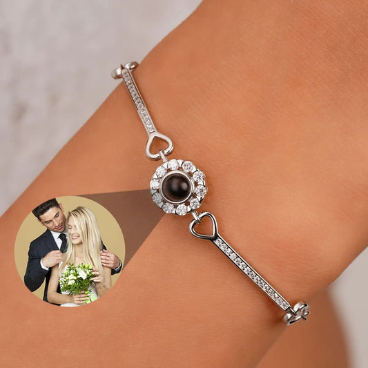Custom Photo Projection Bracelet: 925 Sterling Silver, Sparkly Flower Design
