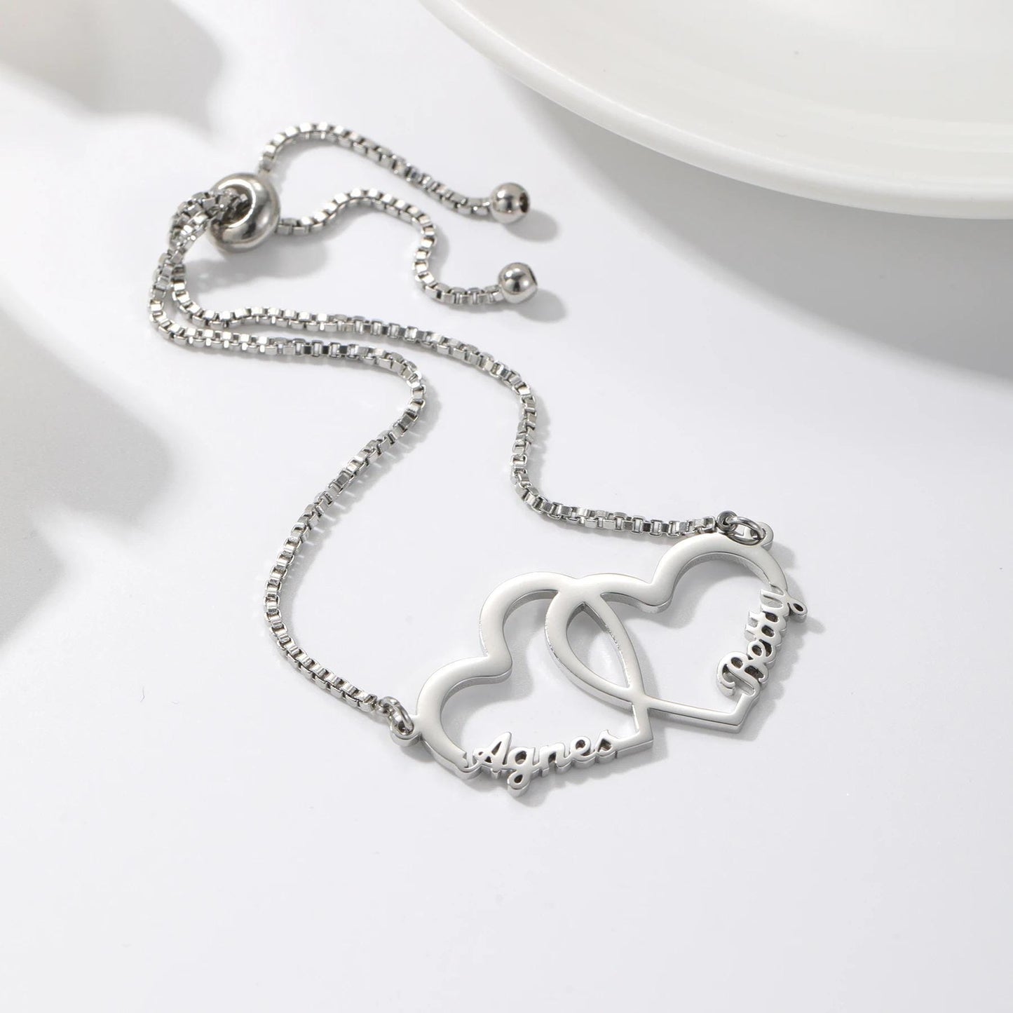 Custom Name Bracelet: Personalized Interlocking Hearts Adjustable Bracelet