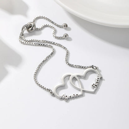 Custom Name Bracelet: Personalized Interlocking Hearts Adjustable Bracelet
