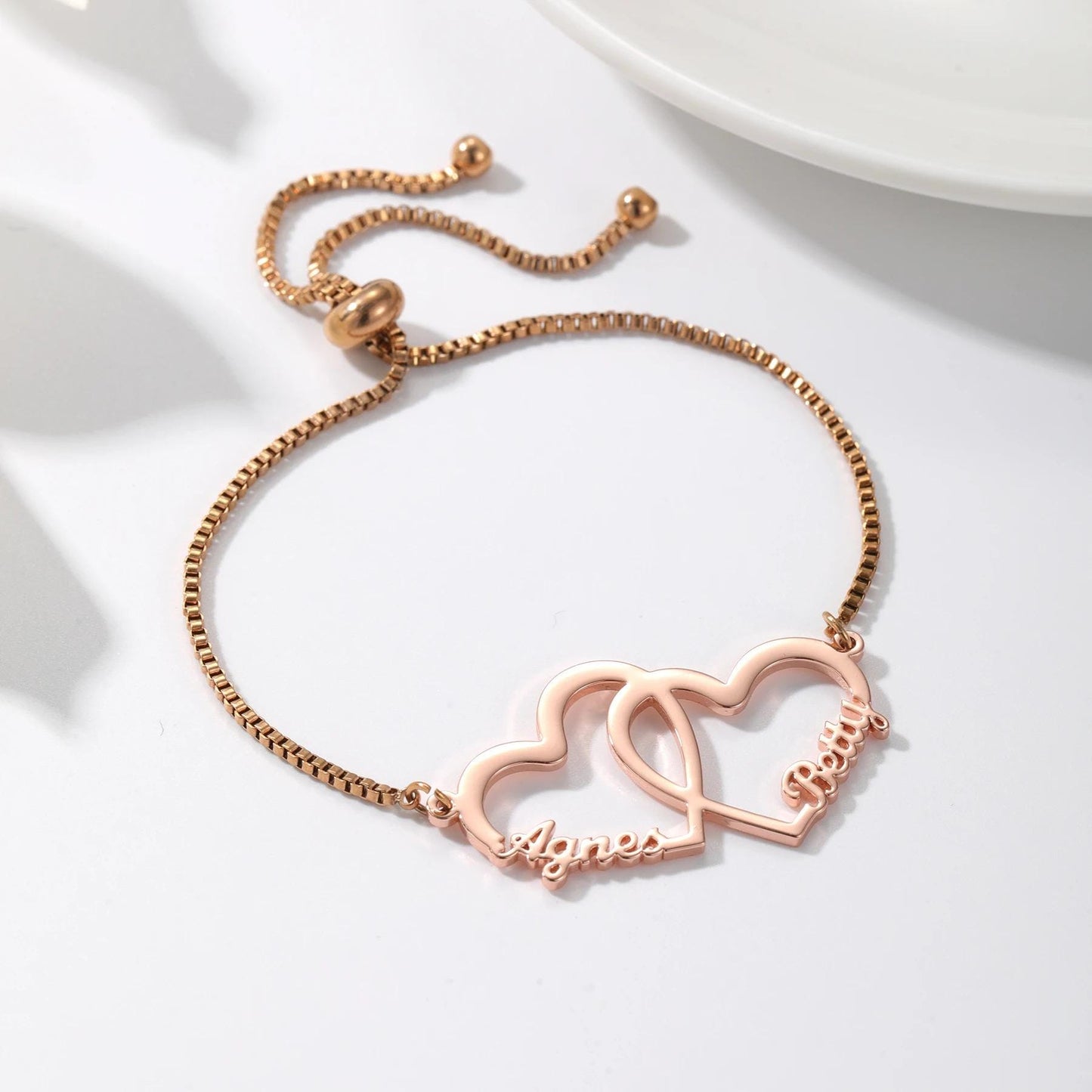 Custom Name Bracelet: Personalized Interlocking Hearts Adjustable Bracelet