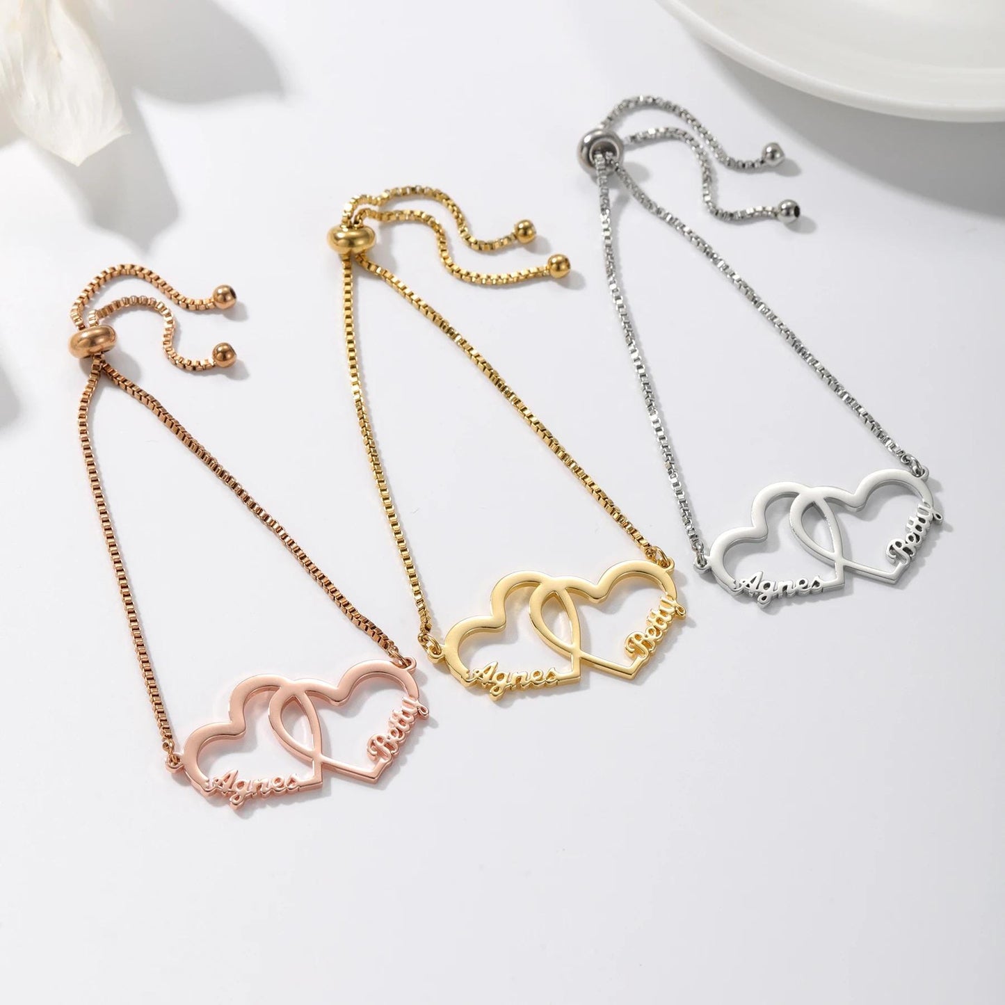 Custom Name Bracelet: Personalized Interlocking Hearts Adjustable Bracelet