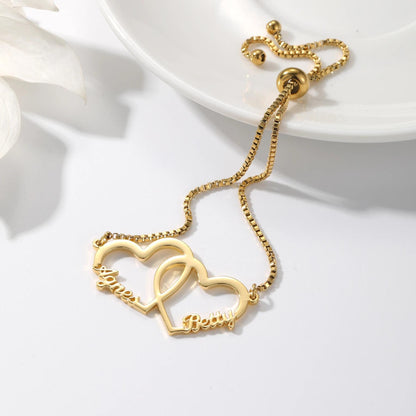 Custom Name Bracelet: Personalized Interlocking Hearts Adjustable Bracelet