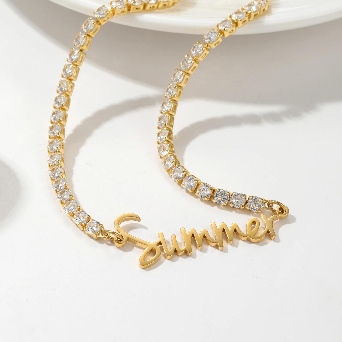 Personalized Tennis Chain Name Necklace: 18K Gold Plated, Waterproof