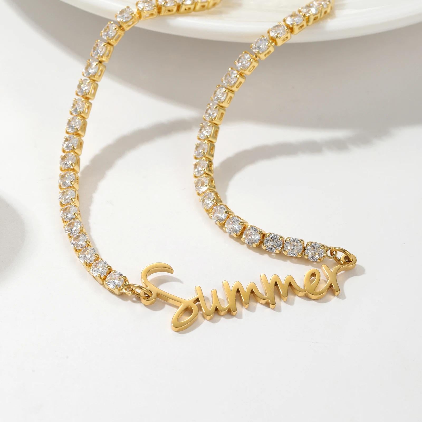 Personalized Tennis Chain Name Necklace: 18K Gold Plated, Waterproof