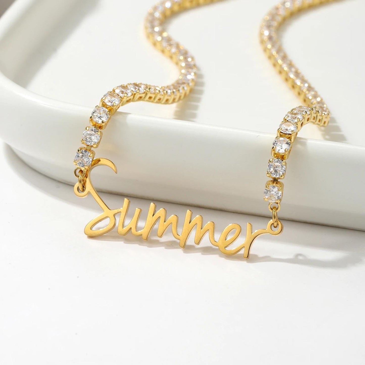 Personalized Name Necklace: AAA Cubic Zirconia Tennis Chain, Waterproof and Non Tarnish