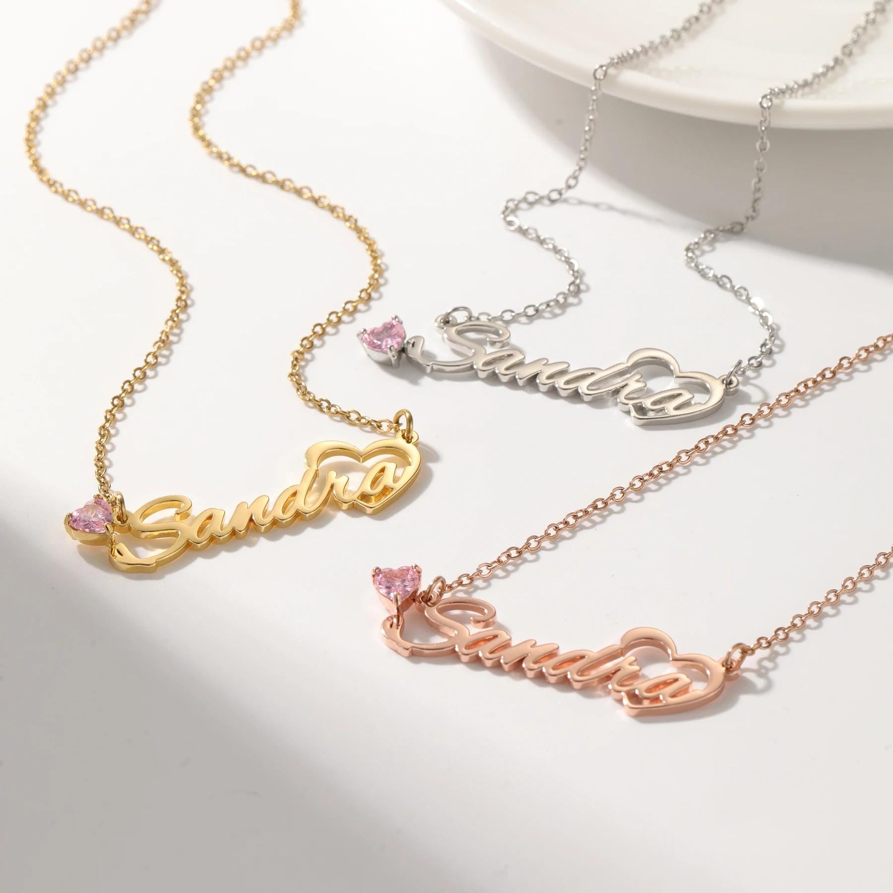 Personalized Birthstone Name Necklace & Heart Earrings Set: 18K Gold Plated