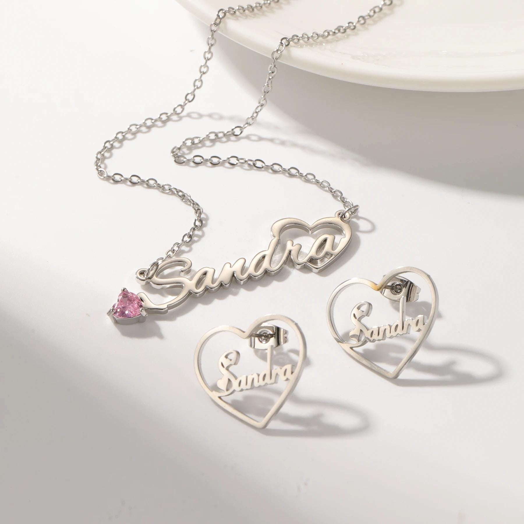 Personalized Birthstone Name Necklace & Heart Earrings Set: 18K Gold Plated