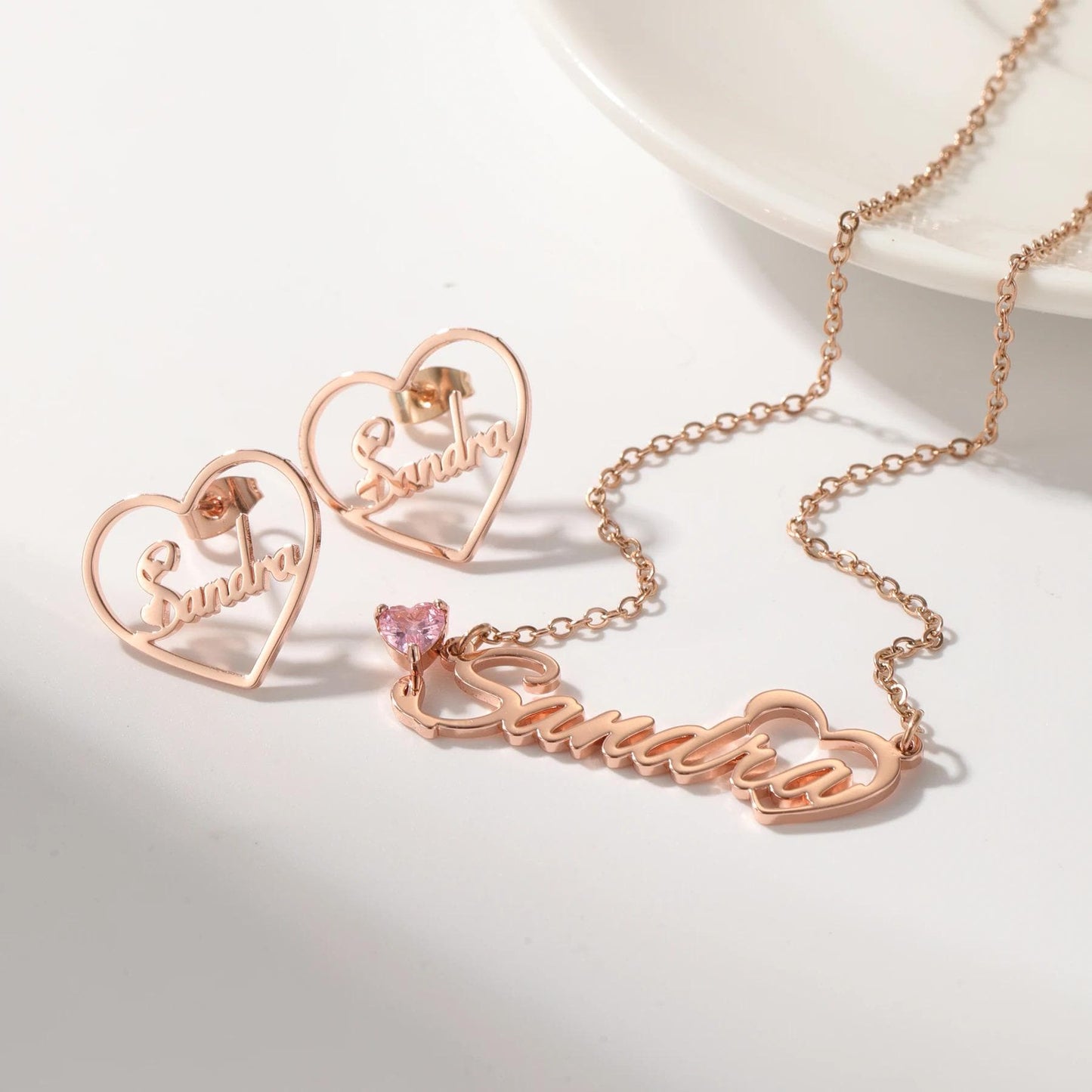 Personalized Birthstone Name Necklace & Heart Earrings Set: 18K Gold Plated