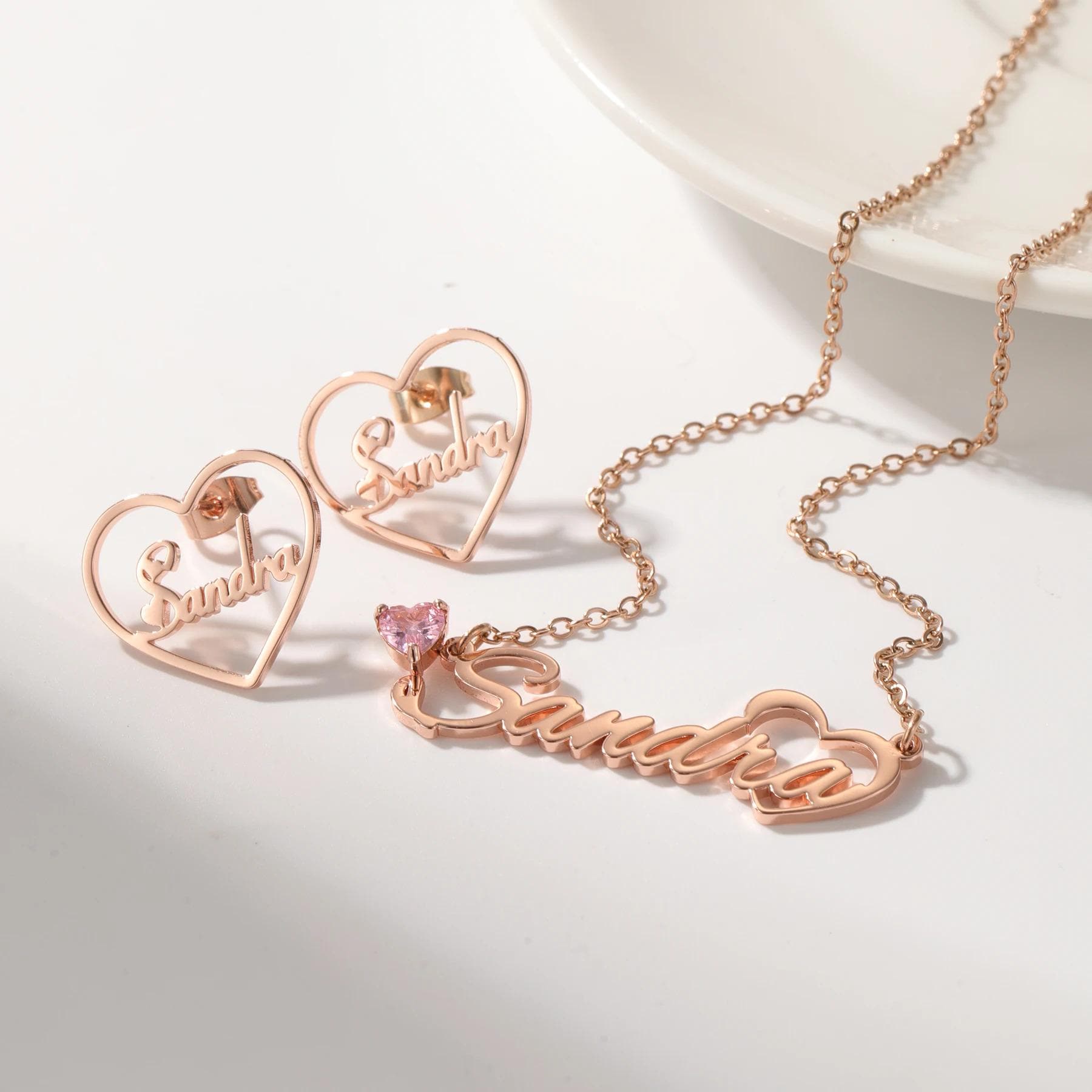 Personalized Birthstone Name Necklace & Heart Earrings Set: 18K Gold Plated