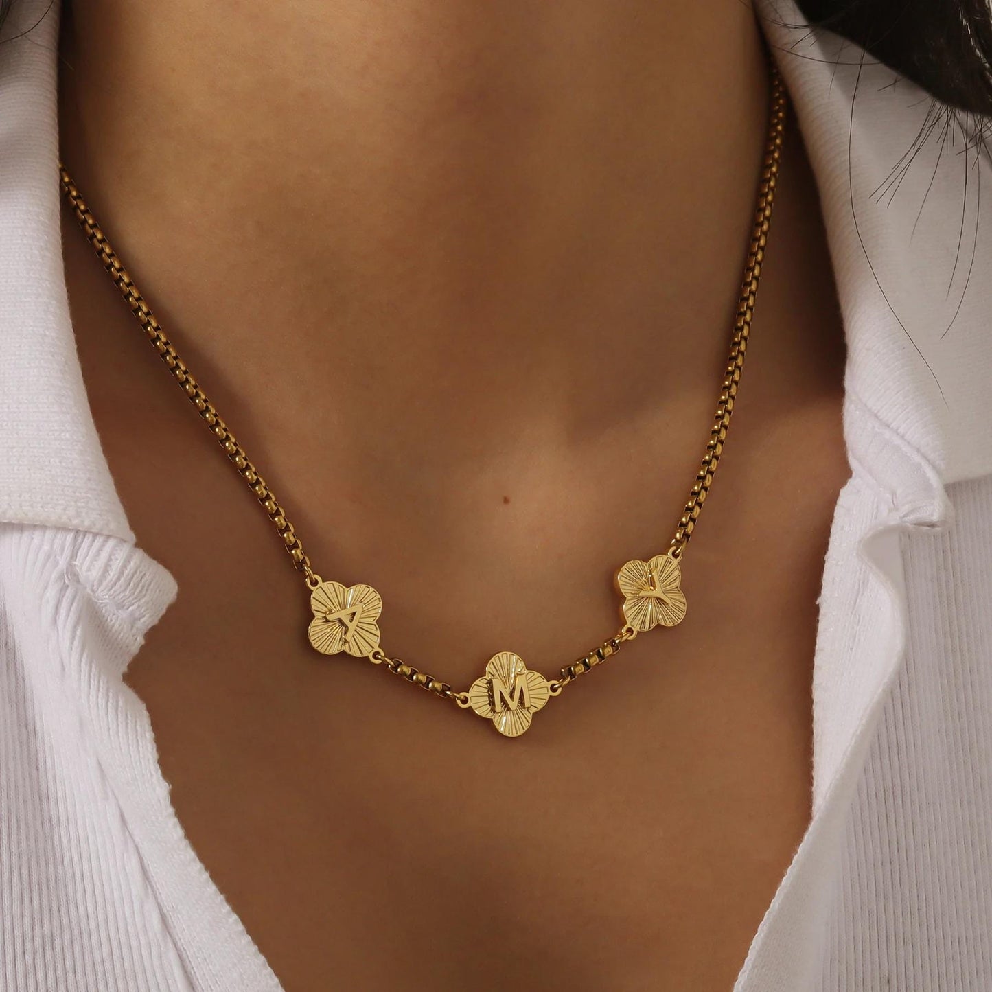 Engraved Clover Initial Necklace: Waterproof Personalized Charm