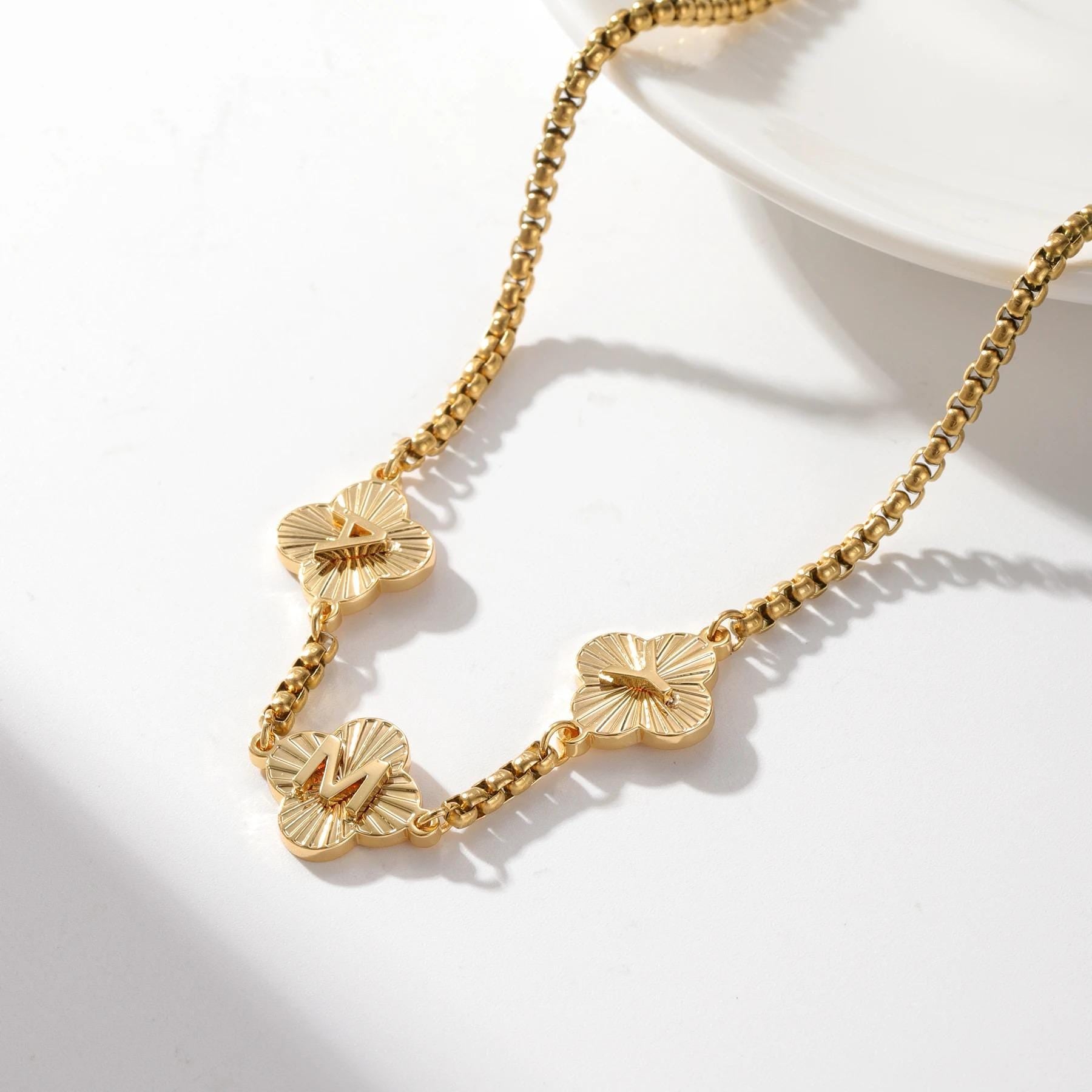 Engraved Clover Initial Necklace: Waterproof Personalized Charm