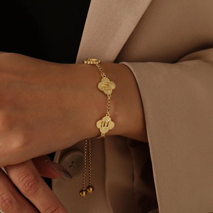 Engraved Clover Initial Bracelet: Waterproof Stainless Steel, Adjustable