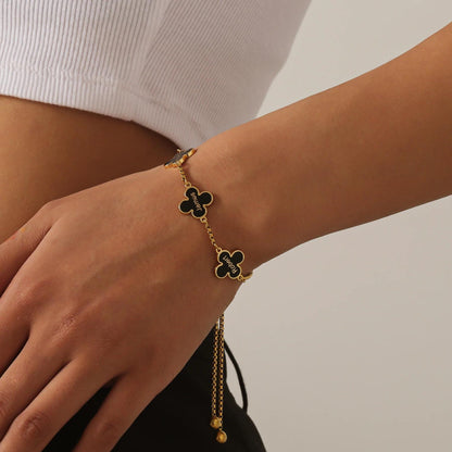 Custom Clover Bracelet: Engraved Black Clover Charm, 18K Gold Plated Stainless Steel