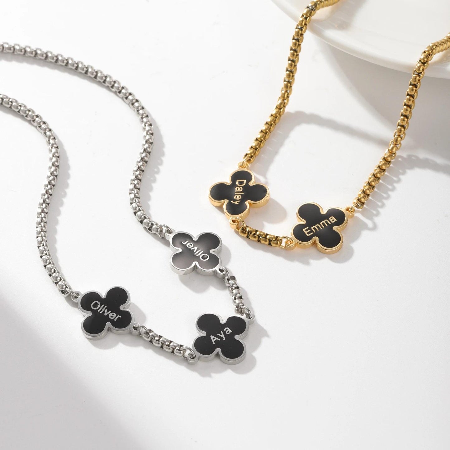 Personalized Clover Necklace: Engraved Black Clover Pendants, Waterproof Stainless Steel
