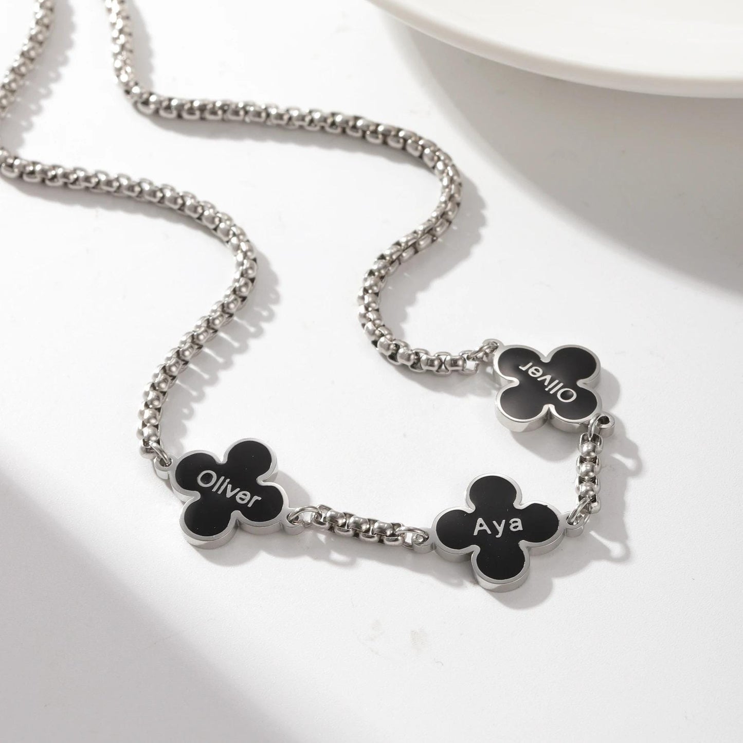 Personalized Clover Necklace: Engraved Black Clover Pendants, Waterproof Stainless Steel