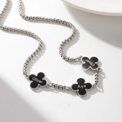 Personalized Clover Necklace: Engraved Black Clover Pendants, Waterproof Stainless Steel