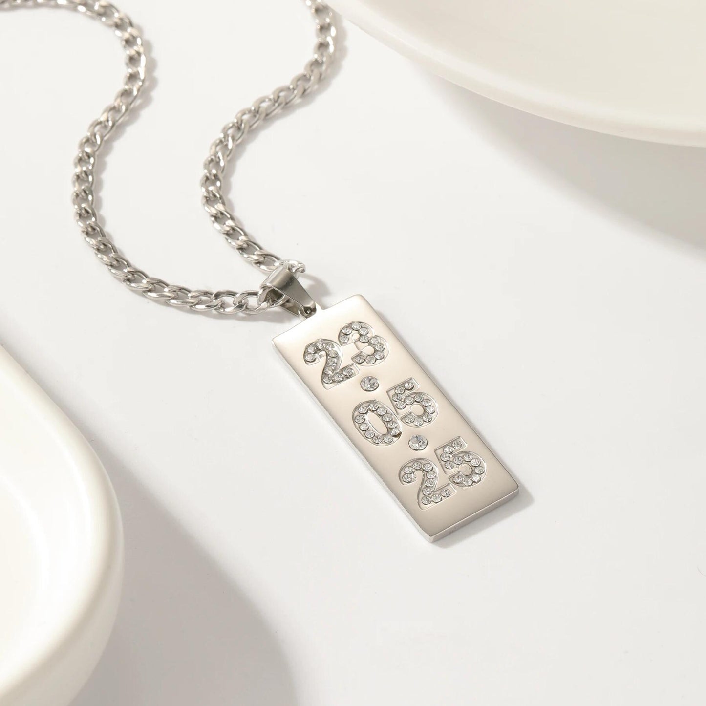 Custom Date Necklace: Stainless Steel Vertical Bar with Cubic Zirconia