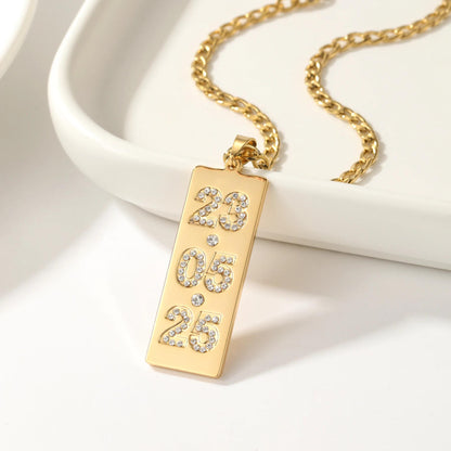 Custom Date Necklace: Stainless Steel Vertical Bar with Cubic Zirconia