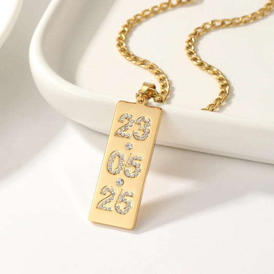 Custom Date Necklace: Stainless Steel Vertical Bar with Cubic Zirconia