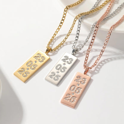 Custom Date Necklace: Stainless Steel Vertical Bar with Cubic Zirconia