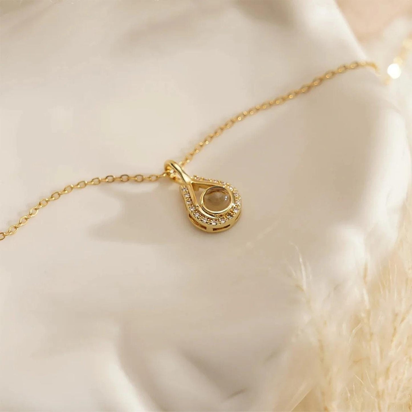 Teardrop Photo Projection Necklace: Stainless Steel Memorial Keepsake