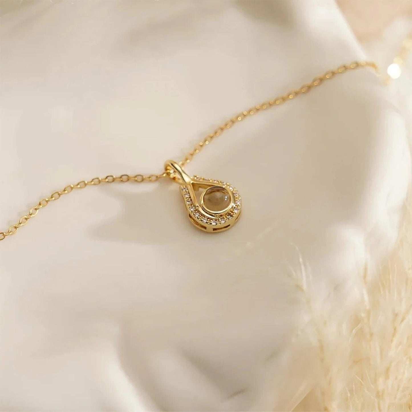Teardrop Photo Projection Necklace: Stainless Steel Memorial Keepsake