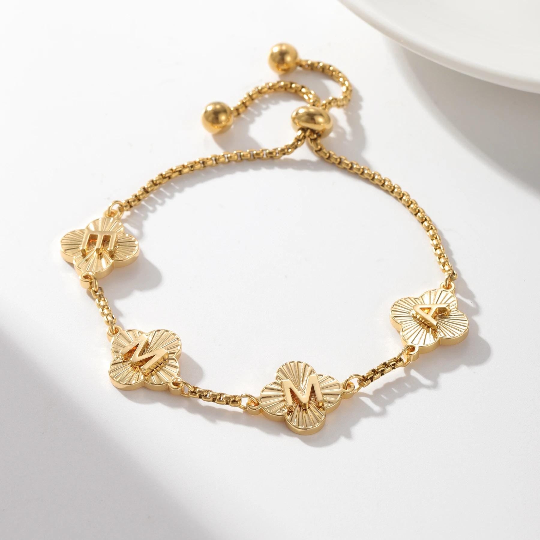 Engraved Clover Initial Bracelet: Waterproof Stainless Steel, Adjustable
