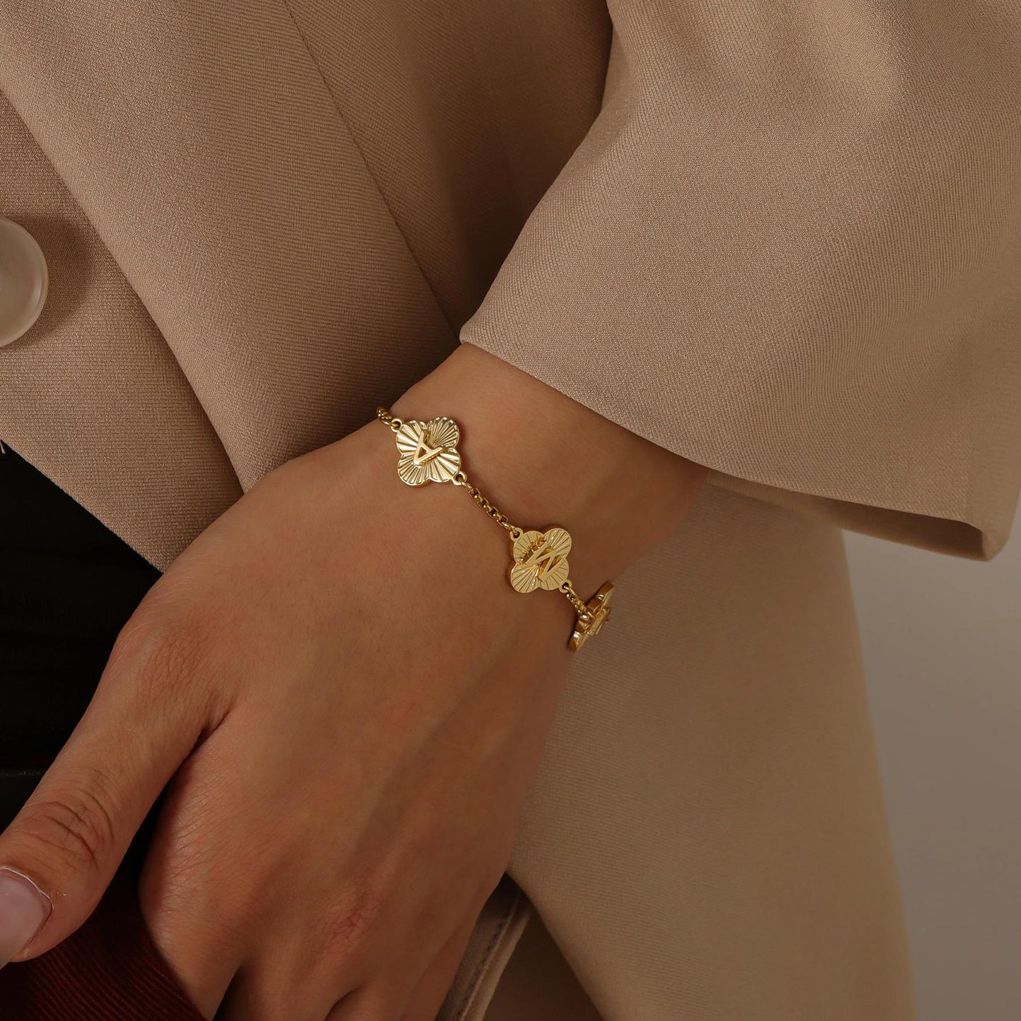 Engraved Clover Initial Bracelet: Waterproof Stainless Steel, Adjustable