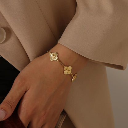 Engraved Clover Initial Bracelet: Waterproof Stainless Steel, Adjustable