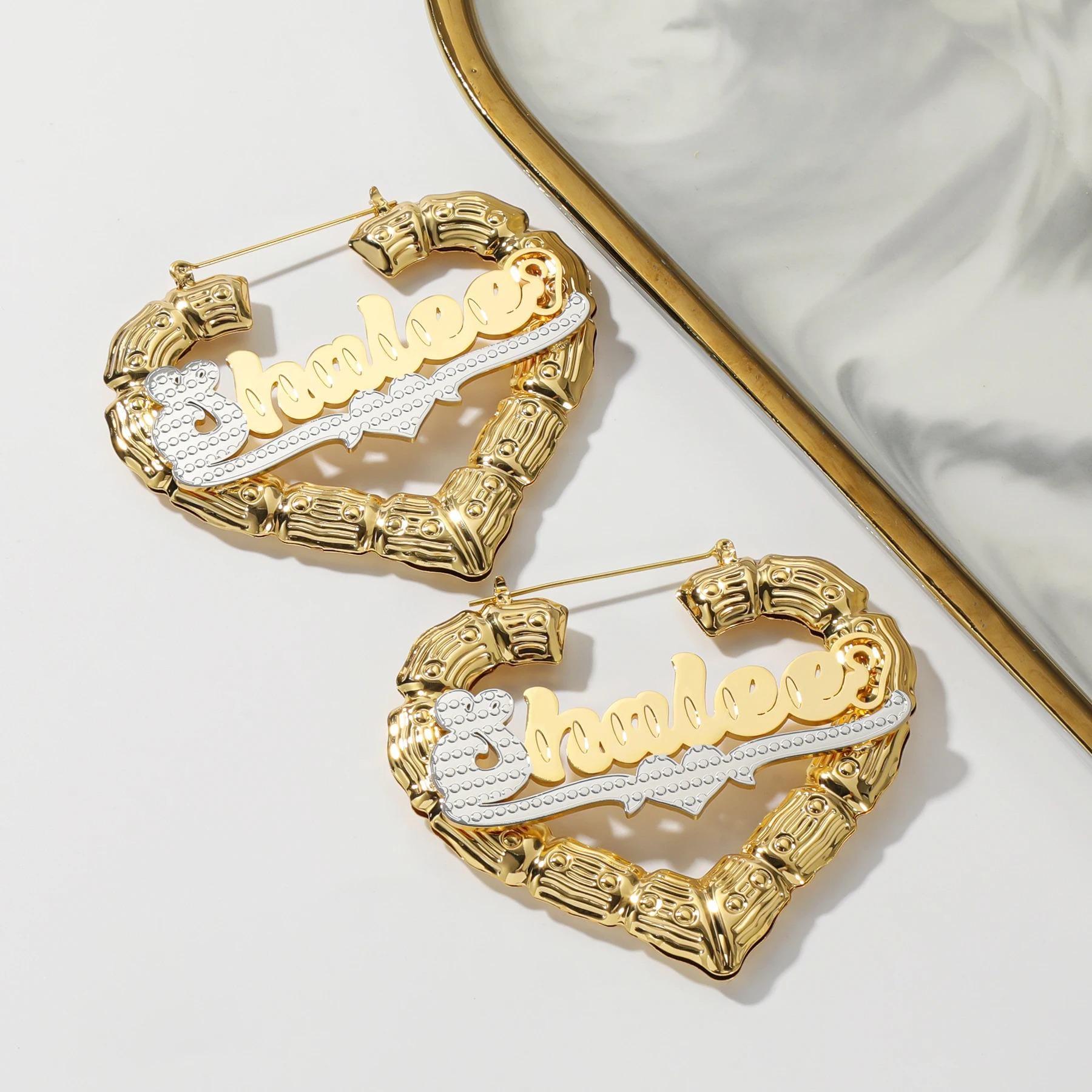 Personalized Heart Bamboo Hoop Earrings: 18K Gold Plated Stainless Steel