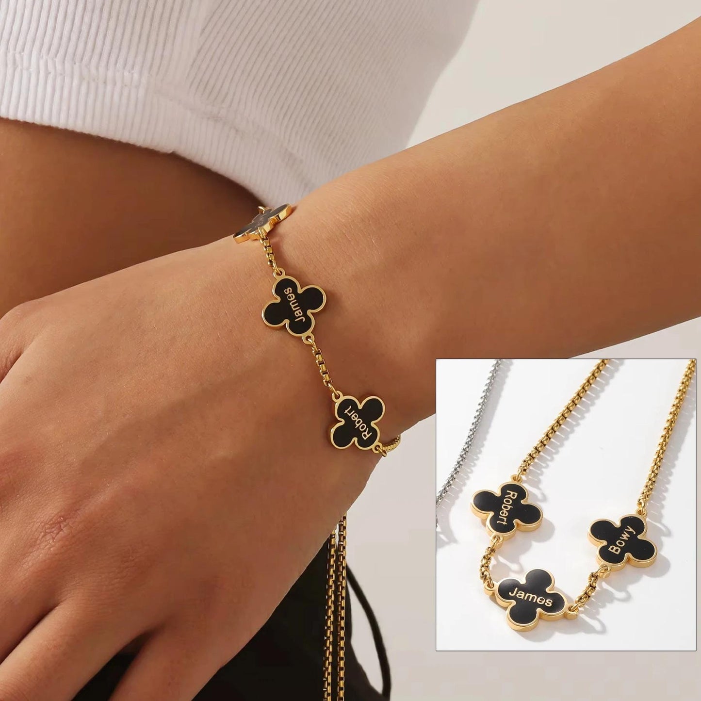 Custom Clover Bracelet: Engraved Black Clover Charm, 18K Gold Plated Stainless Steel